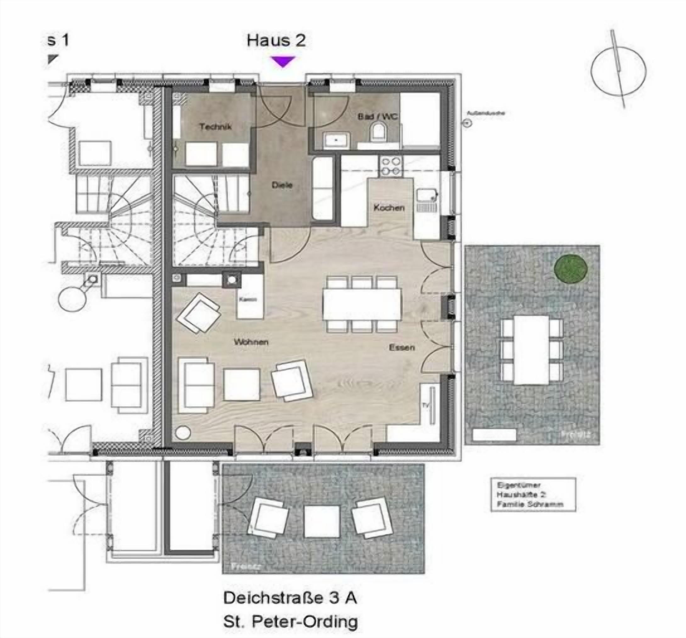 Grundriss von Haus 2, einschließlich Küche, Essbereich, Wohnzimmer und zwei Schlafzimmern.