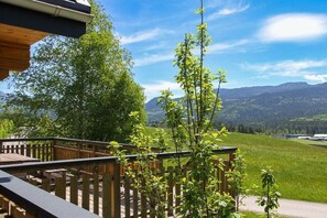 Une terrasse en bois offrant une vue sur un paysage montagneux.