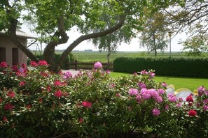 Um jardim com arbustos floridos e uma cerca de madeira.