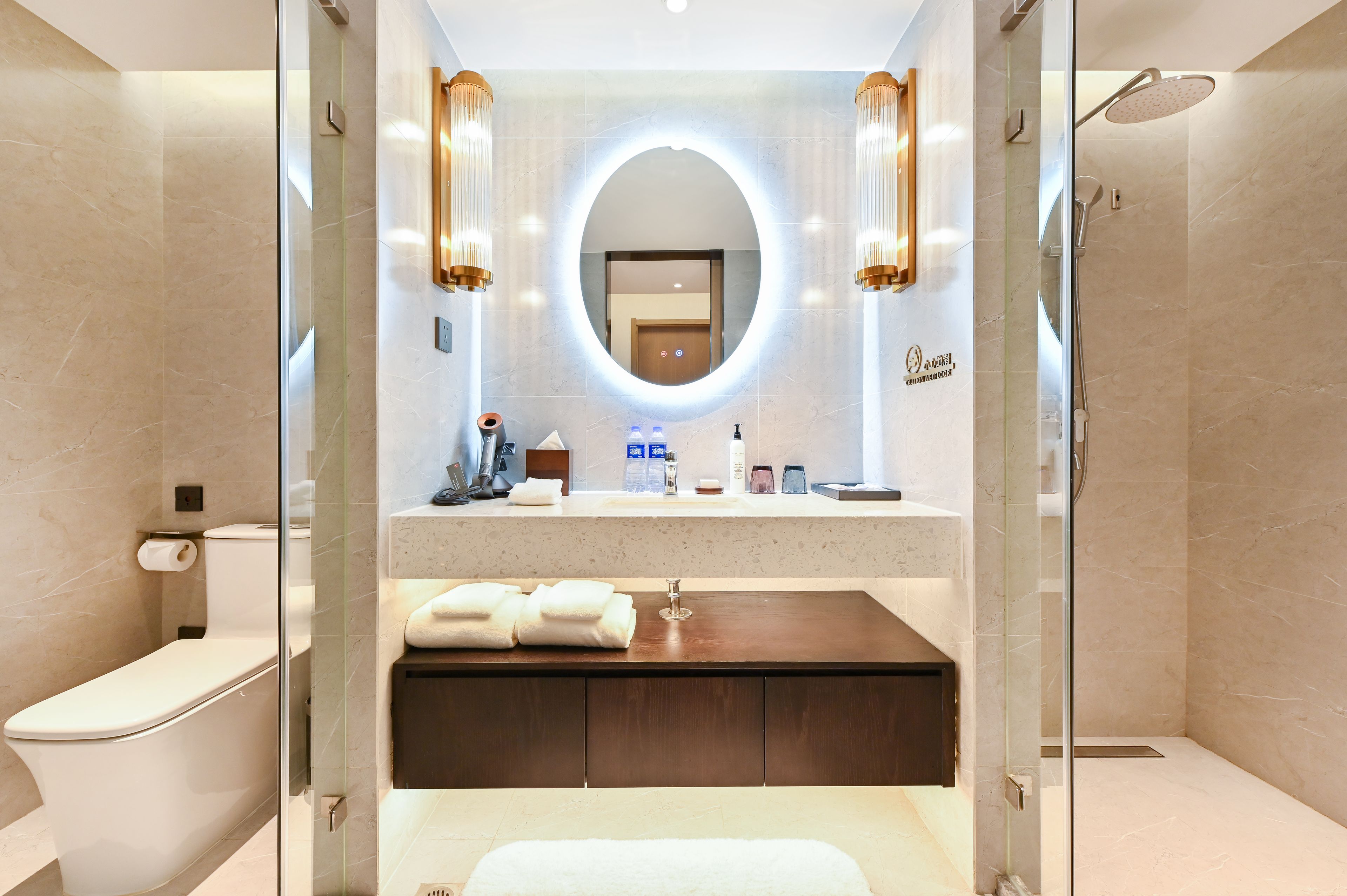 A modern bathroom with a glass-enclosed shower, a vanity with a mirror, and a toilet.