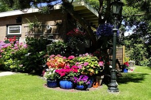 A garden with various potted plants and a street lamp. - Holiday apartment with 2 bedrooms (Callantsoog)
