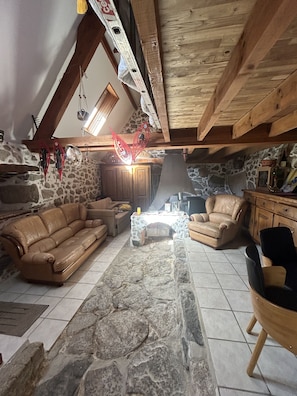 A cozy living room with a stone fireplace, leather sofas, and a wooden ceiling. - An exceptional sheep farm on the hills above Ercé — the wild and unspoiled Ariège (Ercé)