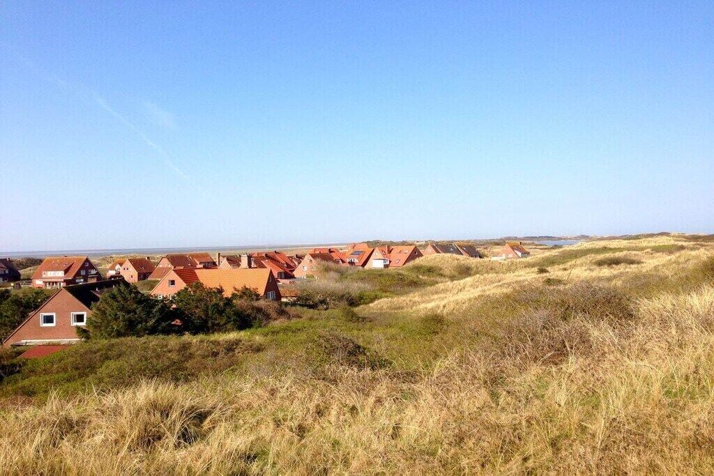 Eine Reihe Häuser mit roten Dächern auf einem grasbewachsen Hügel.