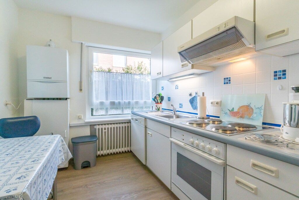 Une cuisine de taille réduite, équipée d’un four encastré, d’une cuisinière et d’un évier.
