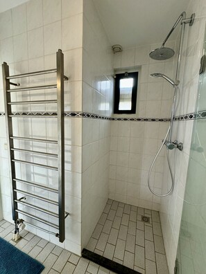 A shower area with a glass door, a towel rack, and a showerhead.