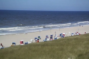 A beach with rows of beach chairs and umbrellas, a grassy hill in the foreground, and the ocean in the background. - Holiday apartment with 1 bedroom (Wenningstedt \/ Sylt)