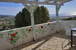 Un espacio al aire libre cubierto con suelo de piedra y diseños florales pintados en blanco, con vistas a un paisaje de árboles y colinas lejanas.