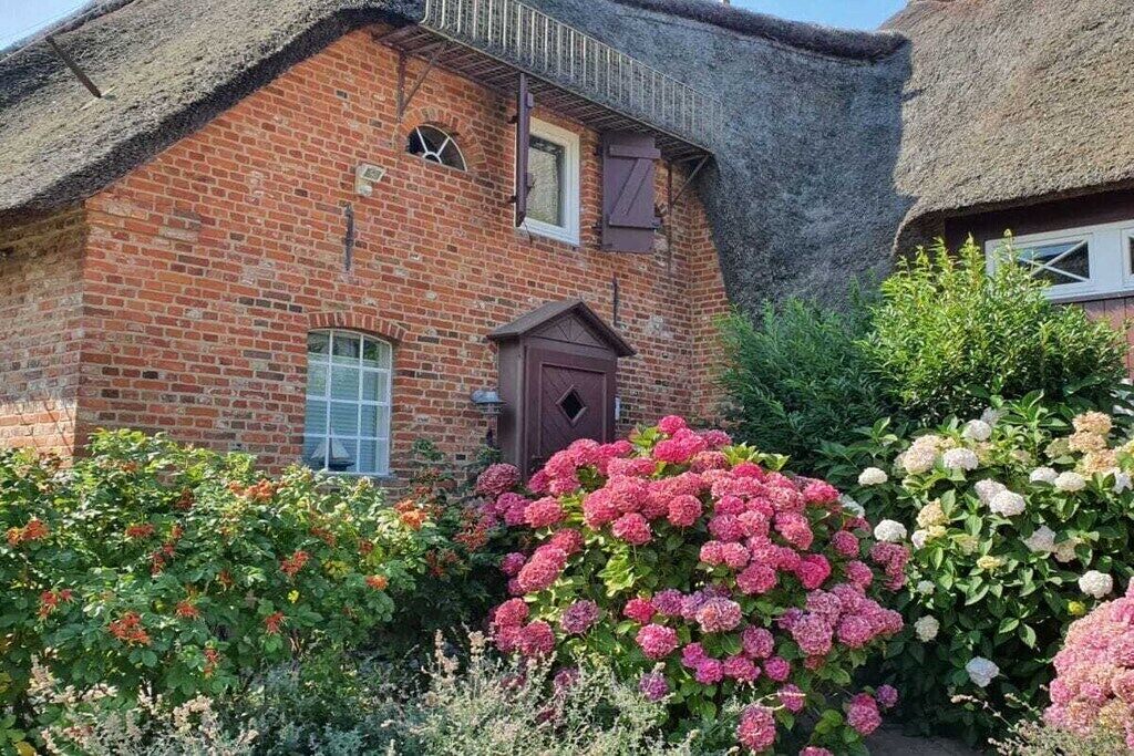 A brick house with a thatched roof, a wooden door, and a window.