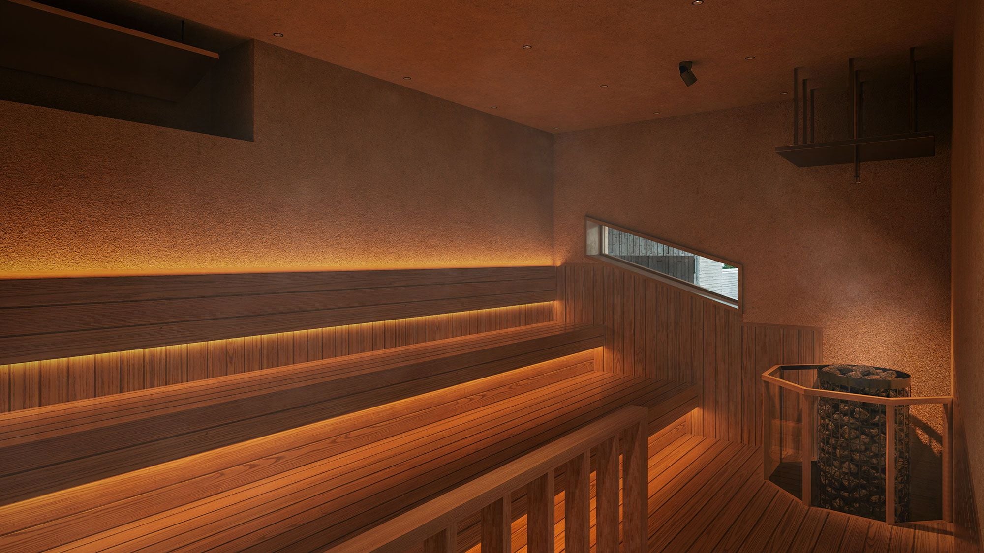 A wooden bench area with a warm light, a small window, and a stone feature.