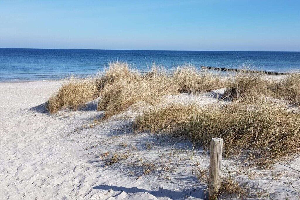 A sandy beach with dunes and a wooden fence.