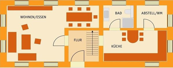 A hotel floor plan with labeled rooms including a living room, bathroom, kitchen, and a bedroom.