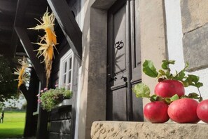 A stone ledge with red apples and a door with a symbol. - Holiday home with 1 bedroom (Großschönau)
