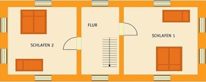 A hotel floor plan with two bedrooms, a bathroom, and a living area.