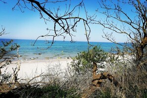 Une plage à l’eau claire, au rivage sablonneux et à la végétation clairsemée.