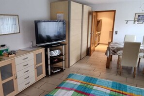 Un ambiente compatto con televisione, angolo cottura, zona pranzo e un tappeto colorato.