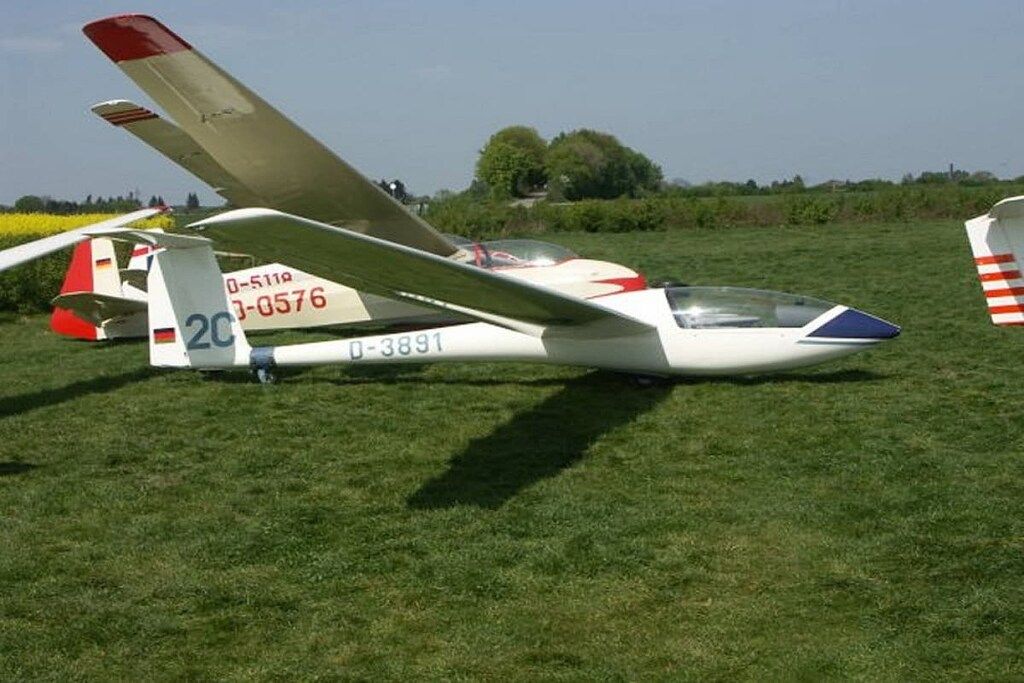 A small aircraft with registration numbers D-3891 and D-0576 parked on grass.