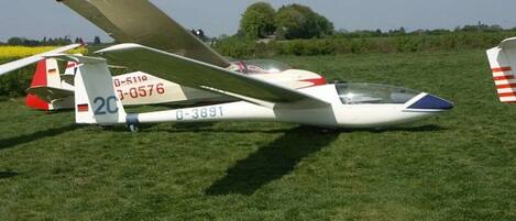 A small aircraft with registration numbers D-3891 and D-0576 parked on grass.