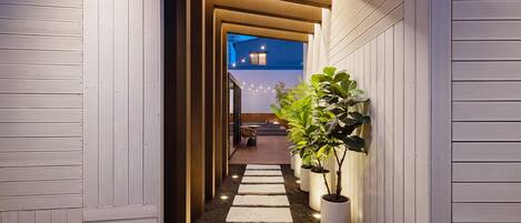 Un pasillo estrecho con suelo de madera, plantas en macetas y una vista a una habitación con pared azul y una ventana.
