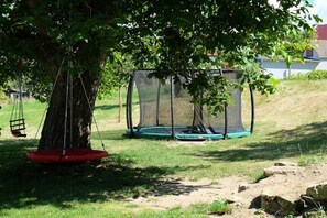 A tree with a swing and a trampoline with a safety net. - Holiday apartment with 1 bedroom (Milda, Deutschland)