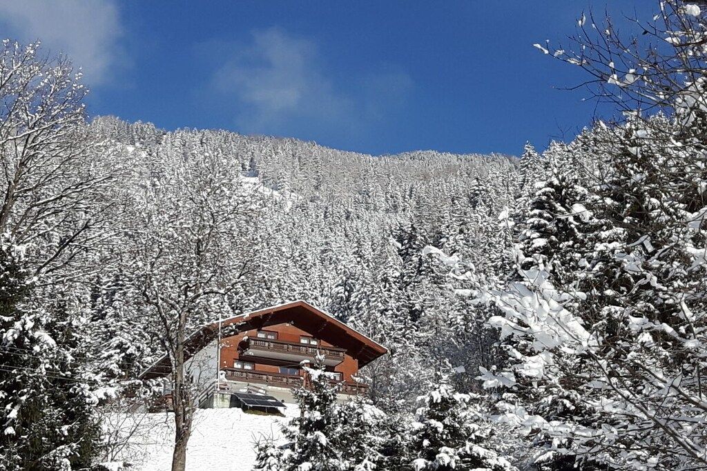 A lodge with a red roof, surrounded by snow-covered trees and a mountain in the background.