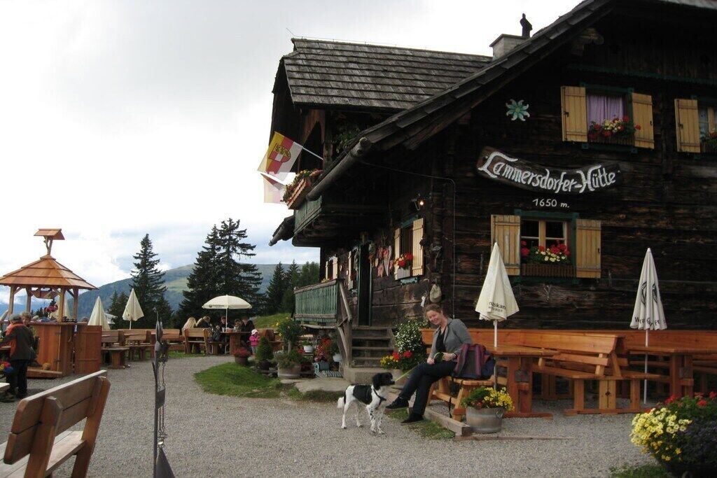 A wooden building with outdoor seating and a dog.