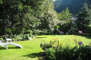 Ein Garten mit Rasen, einer Bank und unterschiedlichen Pflanzen.