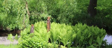 A lush garden with dense foliage, a small pond, and a wooden fence.