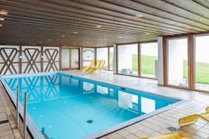 Ein Schwimmbad mit Holzboden und großen Fenstern.