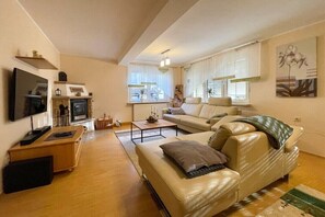 A living room with a sofa, a coffee table, a television, and a fireplace. - Holiday home with 1 bedroom (Rudolstadt \/ OT Eichfeld)