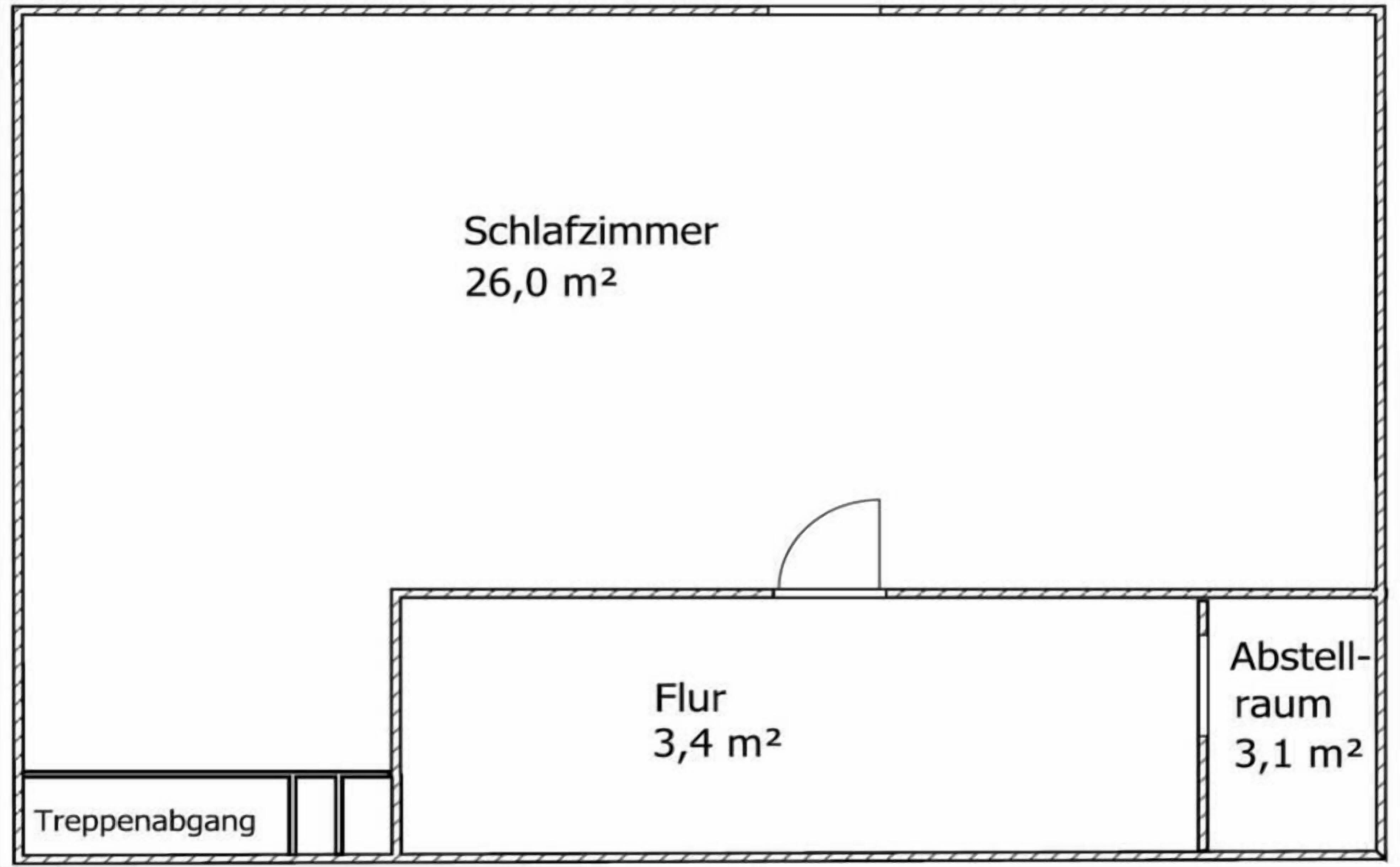 Distribución de una habitación con sala de estar, balcón y baño.
