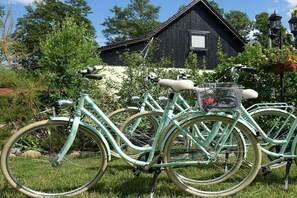 A row of vintage bicycles parked on grass with a wooden building in the background. - Holiday home with 2 bedrooms (Burg (Spreewald))