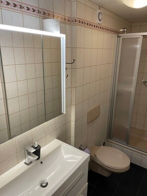 A bathroom with a white sink, a mirror, a toilet, and a glass shower enclosure. - Vrbo Property (Ehrwald)