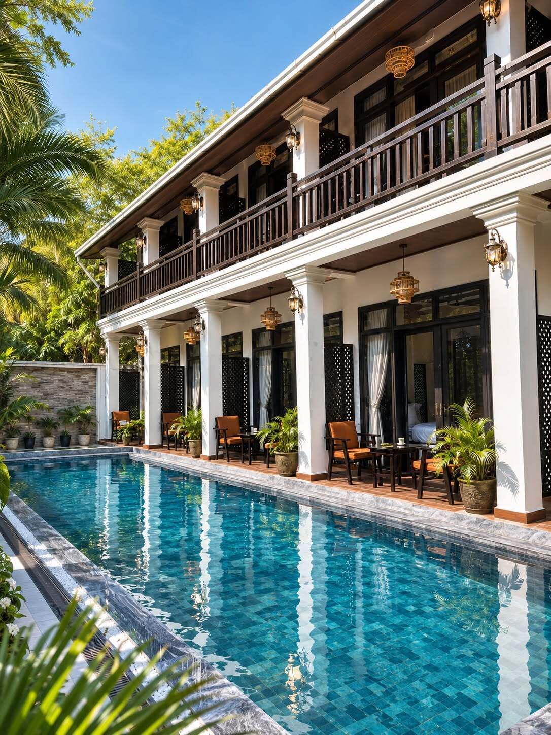 A poolside area with a clear pool, outdoor seating, and a building with columns and a balcony.