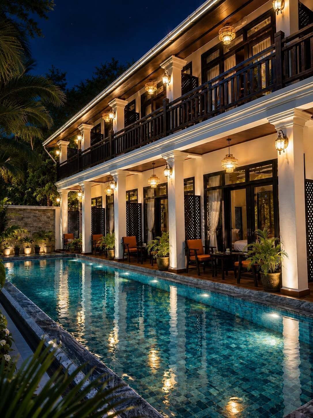 A two-story building with a swimming pool, outdoor seating, and decorative lighting.