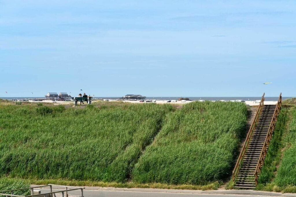 A coastal landscape with a staircase leading down to the beach, a parked car, and a person on a horse.