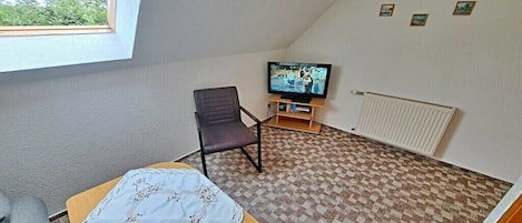 A room with a sloped ceiling, a television on a stand, a chair, a table with a tablecloth, and a patterned carpet.