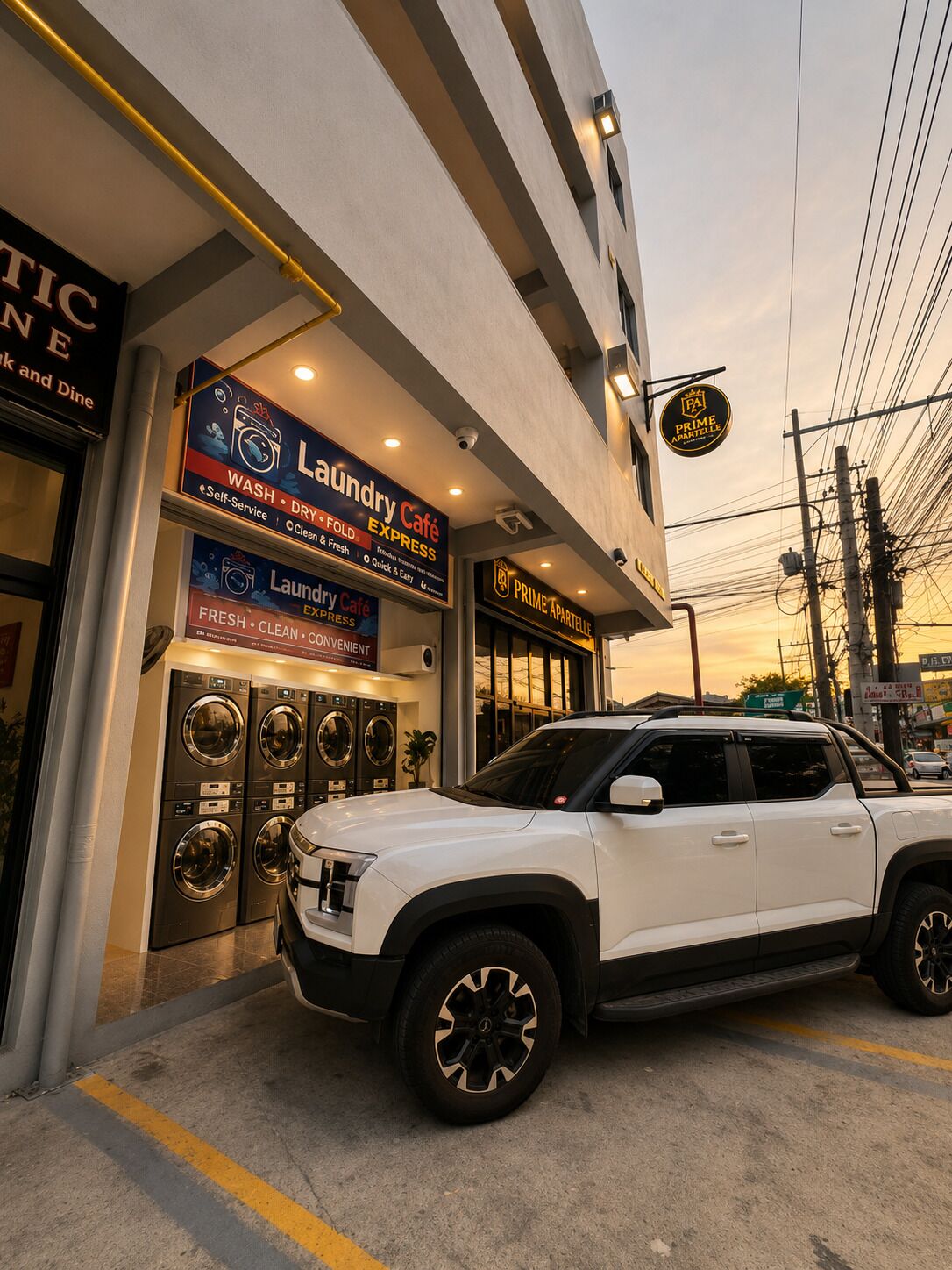 Um SUV branco estacionado em frente a um prédio com placa de café e lavanderia.