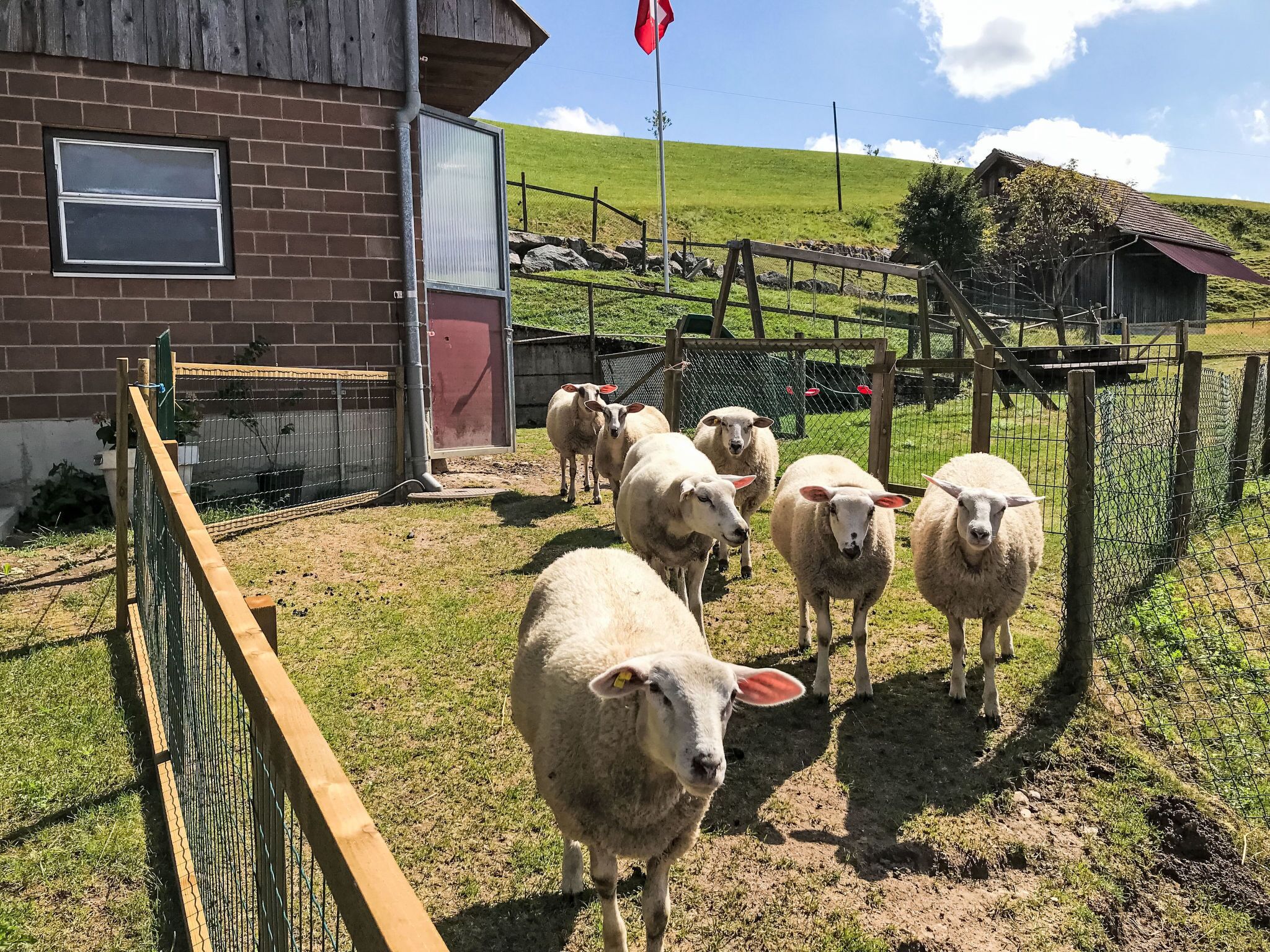 Een omheind buitengebied met een gebouw van baksteen, een vlag en een grasheuvel op de achtergrond.