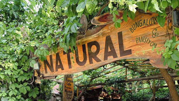 Een houten bord met de tekst 'NATURAL', omringd door groen.