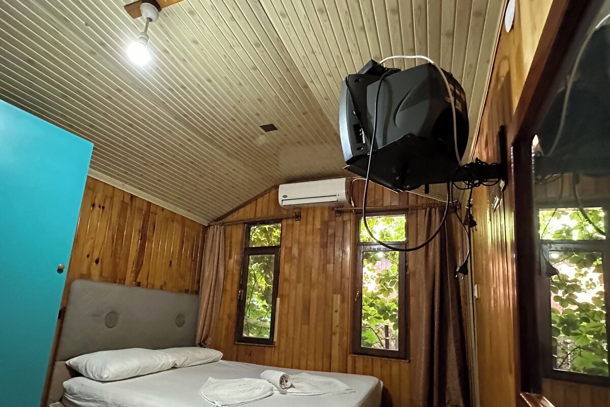 Habitació amb llit, parets de fusta, ventilador al sostre, aparell d'aire condicionat i finestres amb llum natural.