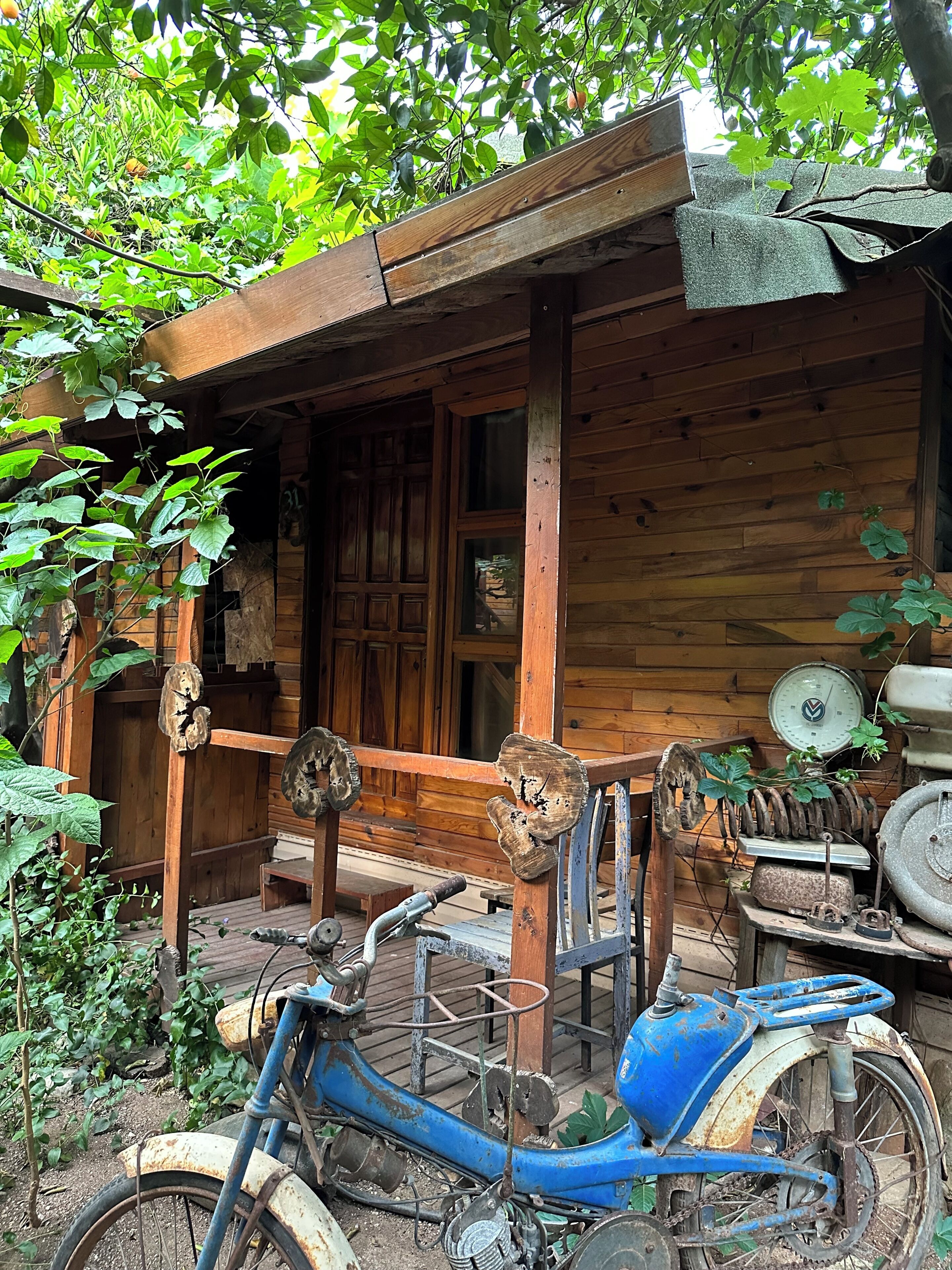 Un rustico chalet in legno con veranda, una motocicletta blu e diversi attrezzi e macchinari.