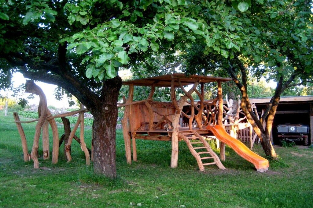 Une cabane en bois construite autour d’un grand arbre, dotée d’un toboggan et d’une échelle.