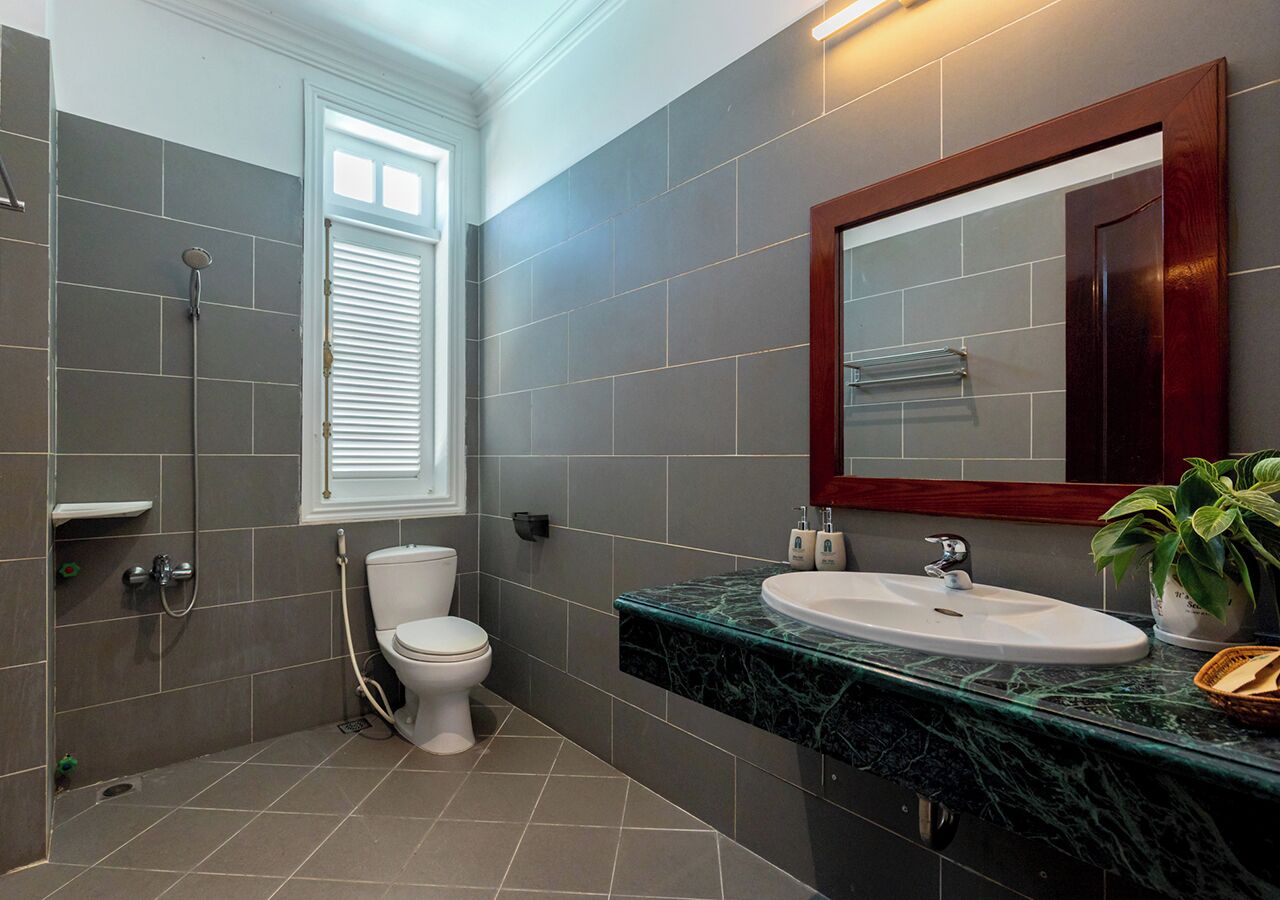 Een badkamer met toilet, douche en wastafel met spiegel erboven.