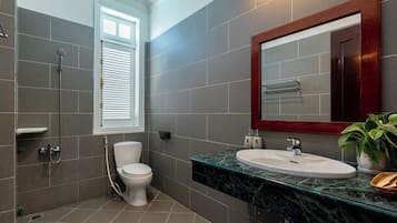 Een badkamer met toilet, douche en wastafel met spiegel erboven.