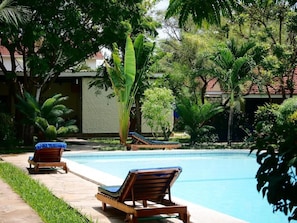Une piscine entourée de végétation tropicale, avec des chaises longues à proximité.