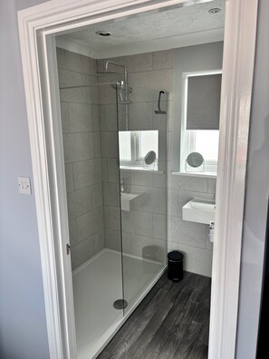 A walk-in shower with a glass door, a white sink, and a mirror above it. - Newly refurbished 4BR house w/Downstairs ensuite (Sleaford)
