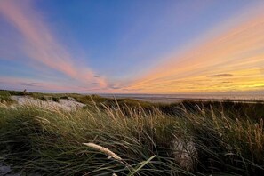 A coastal landscape with dunes and a view of the sea during sunset. - Holiday apartment Norderloog 2 (Langeoog)
