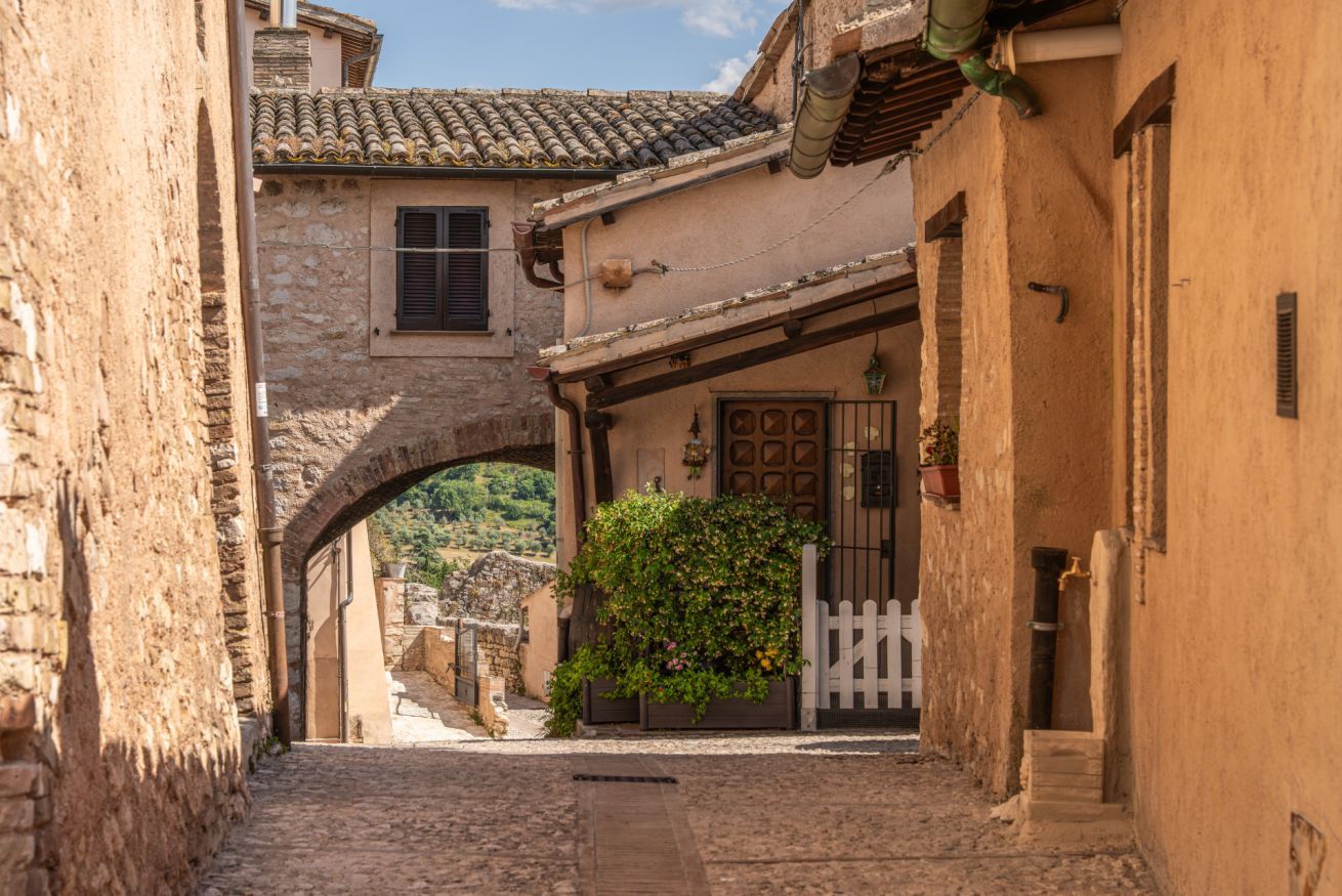 A narrow cobblestone street with stone buildings, a wooden gate, and a small archway.