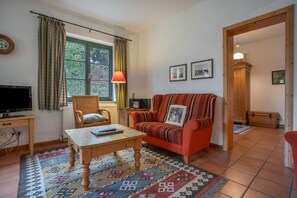 Ein gemütliches Wohnzimmer mit Fernseher, einem Korbstuhl, einer Couch mit gemustertem Kissen und einem Teppich mit Muster.