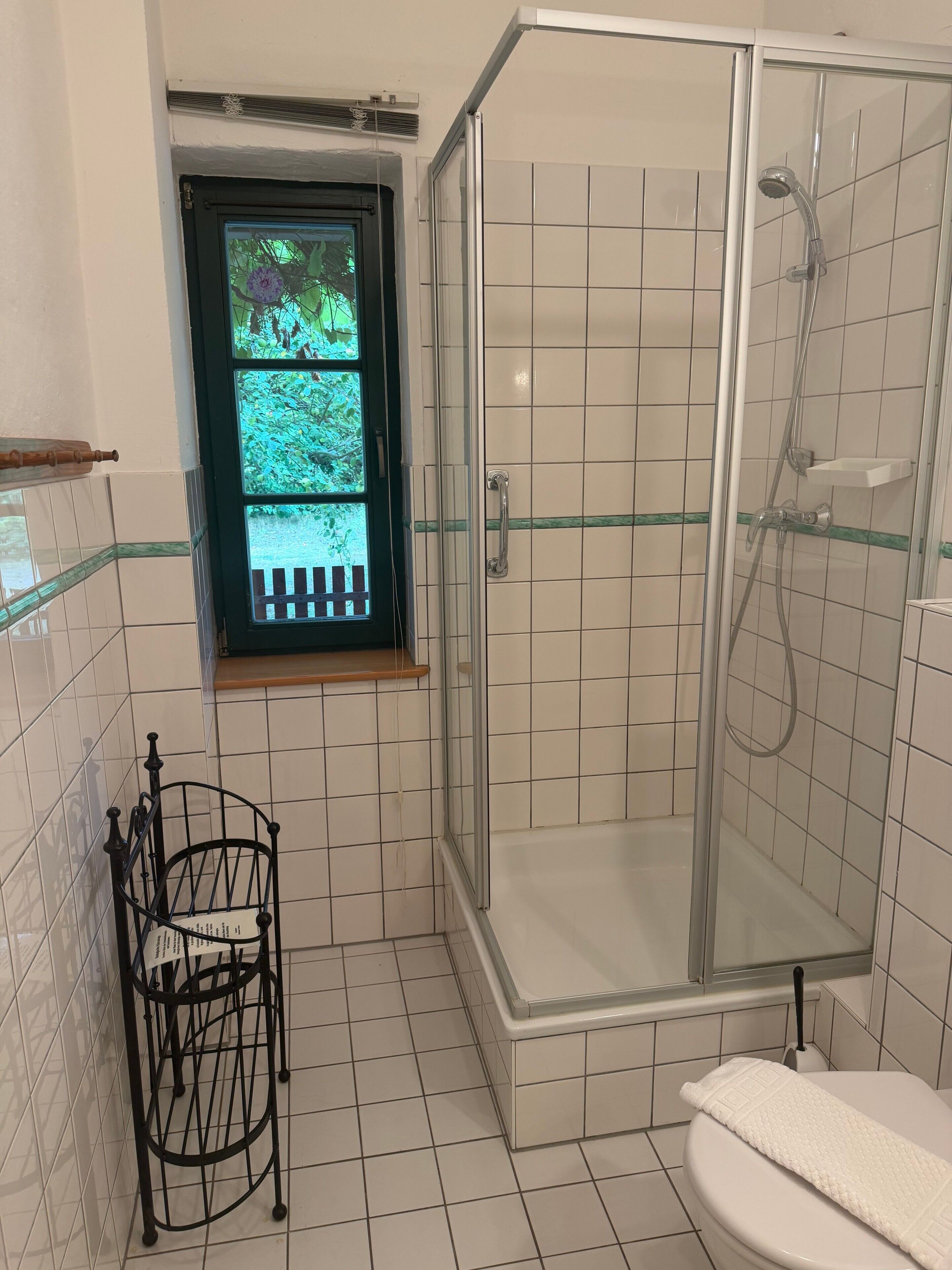 Ein Badezimmer mit einer Duschkabine aus Glas, einem Fenster mit Blick ins Grüne und einem schwarzen Metallstuhl.